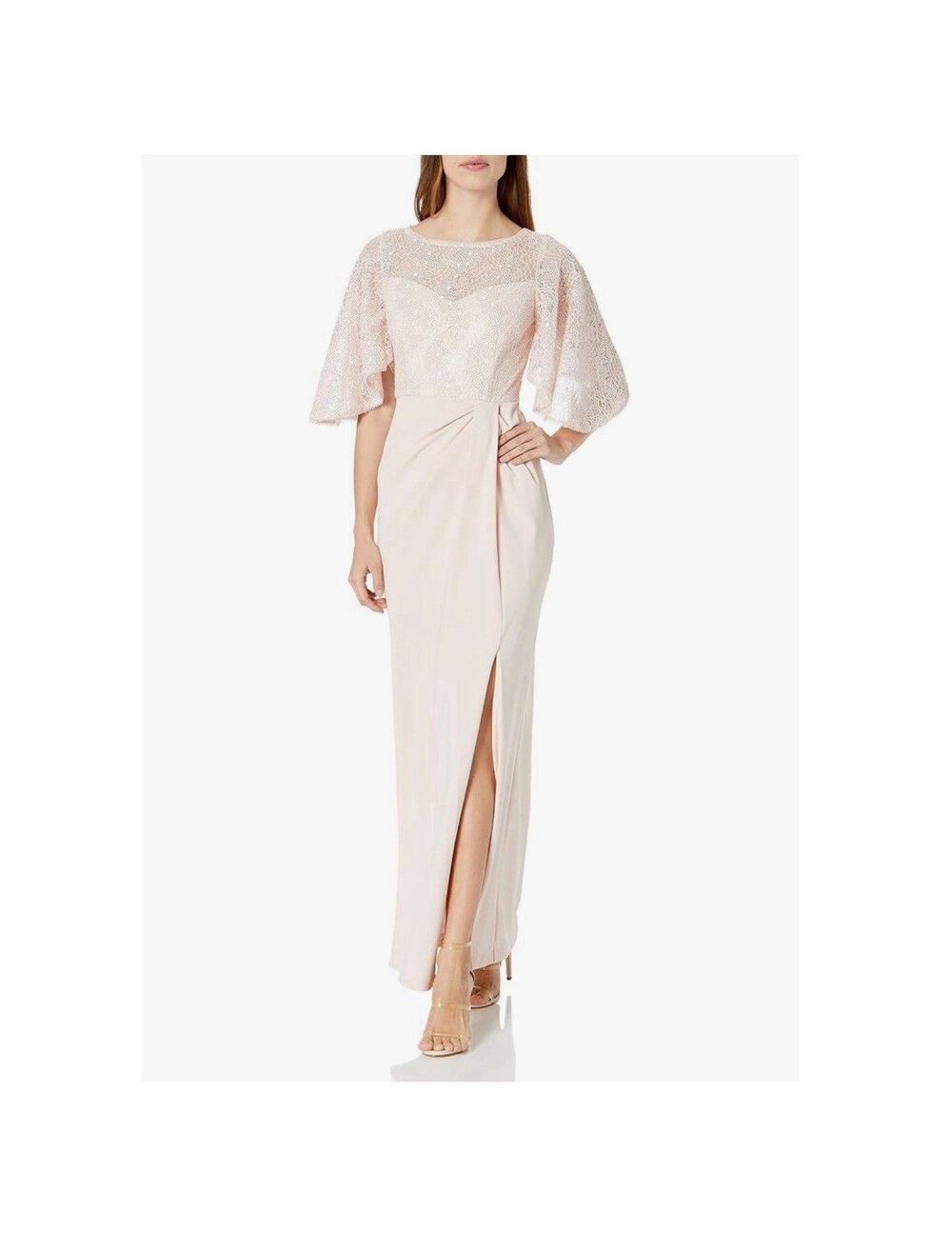 Adrianna Papell Gown Illusion Sweetheart Neckline Flutter Sleeves Pink Size 16